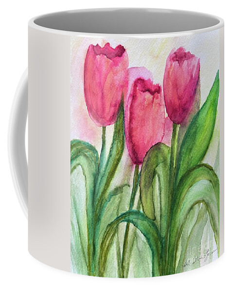 Cherry Red Tulips Coffee Mug featuring the painting Tulip Morning by Deb Stroh-Larson