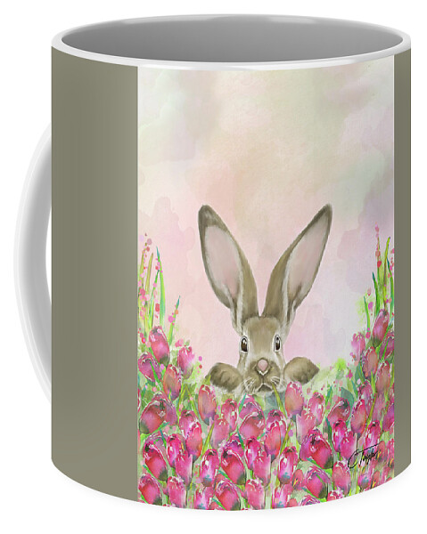 Rabbits Coffee Mug featuring the mixed media Tulip Picking Time by Colleen Taylor