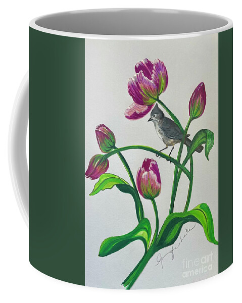 Bird/flower/tulips/titmouse/garden/cottage/pink/green/gray Coffee Mug featuring the drawing Tulip Titmouse by Jennifer Lake