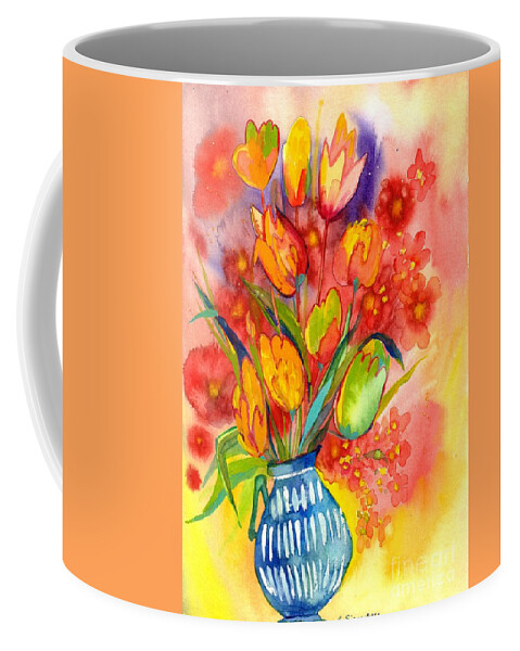 Striped Vase Coffee Mug featuring the painting Tulips And Poppies In Striped Vase by Suzann Sines