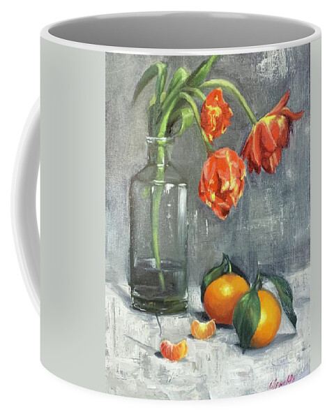 Stilllife Coffee Mug featuring the painting Tulips with Mandarins by Lori Ippolito