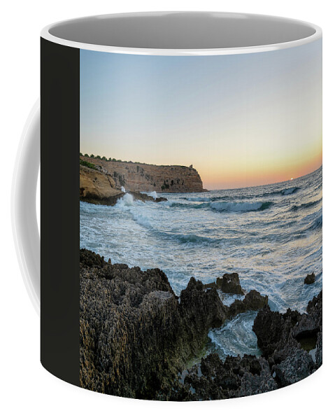 Capo Mannu Coffee Mug featuring the photograph Turbulent Seascape - The Setting Sun's Embrace in Sardinian Water by Benoit Bruchez