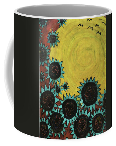 Sun Coffee Mug featuring the painting Turquoise Sunflowers by Cyndie Katz