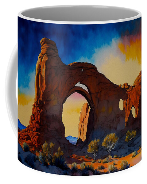 Watercolor Coffee Mug featuring the digital art Turret Arch Sunrise by Kai Saarto