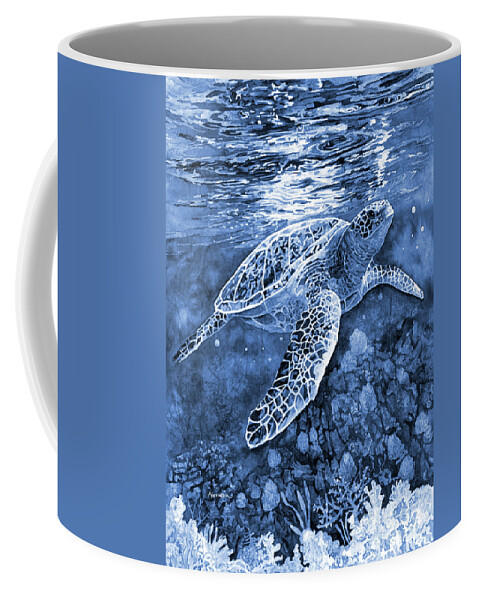 Urtle Coffee Mug featuring the painting Turtle Reflections in Blue by Hailey E Herrera