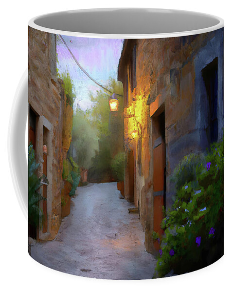 Tuscany Coffee Mug featuring the digital art Tuscan Alley at Dusk by Alison Frank