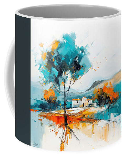 Turquoise And Orange Coffee Mug featuring the painting Tuscan Dream - Modern Turquoise and Orange Landscapes by Lourry Legarde