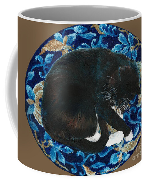Cat Coffee Mug featuring the painting Tuxedo Cat Butterfly Dreaming, coffee background by Merana Cadorette