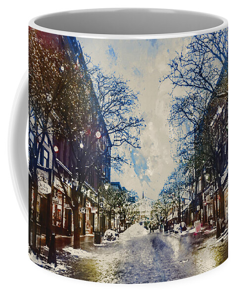 Twilight Coffee Mug featuring the painting Twilight in Winter Town by Alex Mir