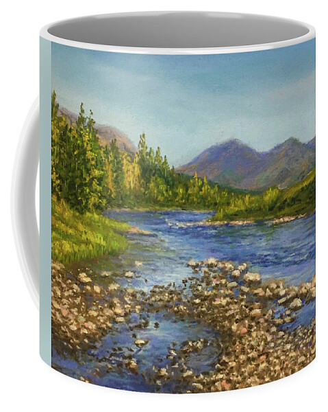 Mountains Coffee Mug featuring the pastel Two Medicine River by Lee Tisch Bialczak