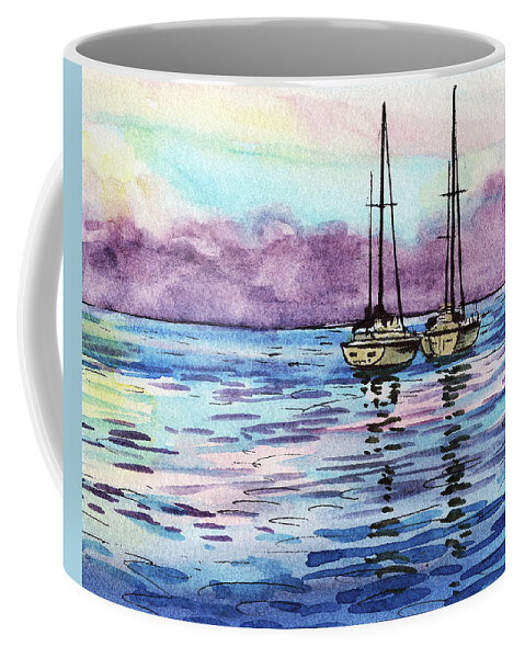Boats Coffee Mug featuring the painting Two Sailboats Resting In The Ocean Purple Clouds Watercolor Beach Art by Irina Sztukowski