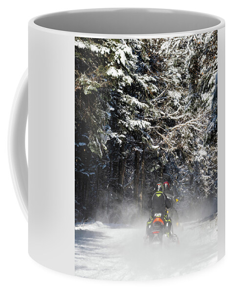 America Coffee Mug featuring the photograph Two Snowmobiles Heading Down The Trail - Pittsburg, New Hampshire by John Rowe