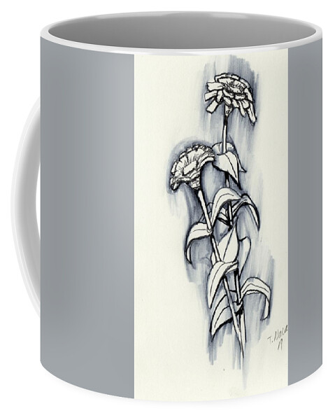 Ink Coffee Mug featuring the drawing Two Zinnias Black and White by Tammy Nara