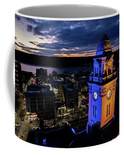 City Hall Coffee Mug featuring the photograph Ukrainian national colors illuminate city hall by Kevin Suttlehan