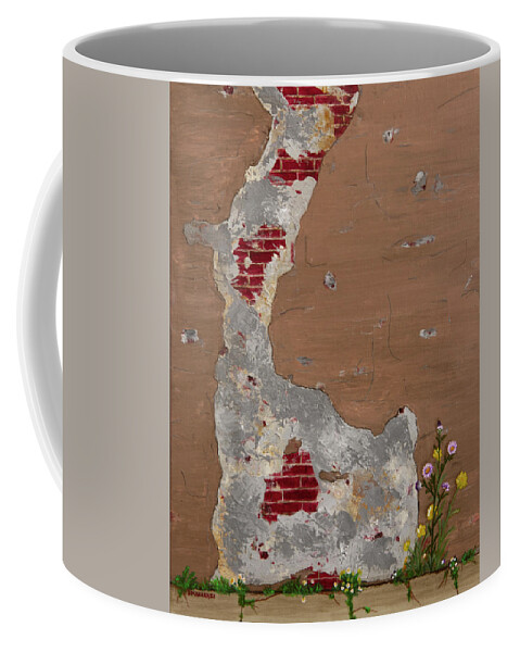 Wall Coffee Mug featuring the painting Unmasking the Red Brick Wall by Donna Manaraze