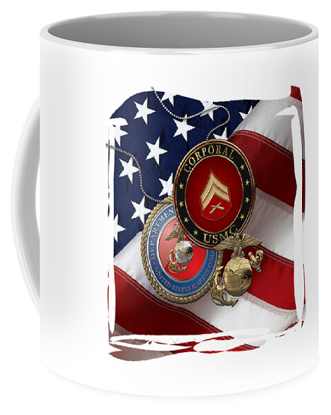 Military Insignia & Heraldry Collection By Serge Averbukh Coffee Mug featuring the digital art U.S. Marine Corporal Rank Insignia with Seal and EGA over American Flag by Serge Averbukh