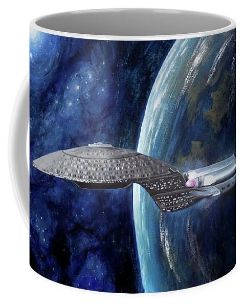 Space Coffee Mug featuring the painting USS Enterprise - Star Trek Art, Painting of a Spaceship Captained by Picard by Aneta Soukalova