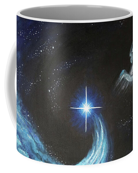 Space Coffee Mug featuring the painting USS Voyager - Star Trek Art, Painting of a Spaceship Flying from a Nebula by Aneta Soukalova