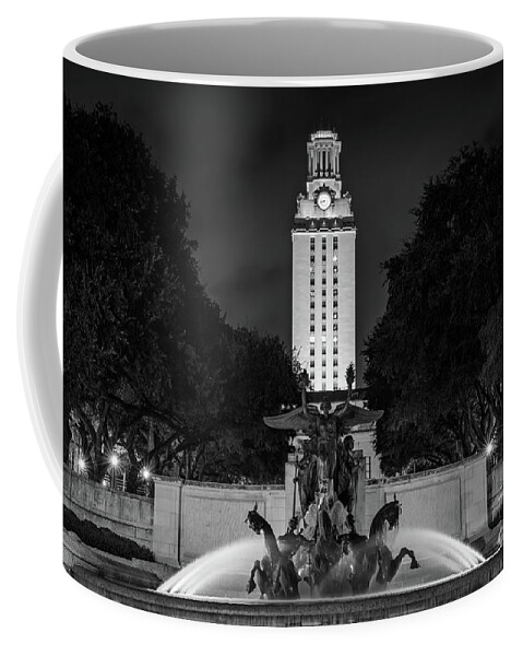 Texas Coffee Mug featuring the photograph U T Tower and Littlefield Fountain B W by Bee Creek Photography - Tod and Cynthia