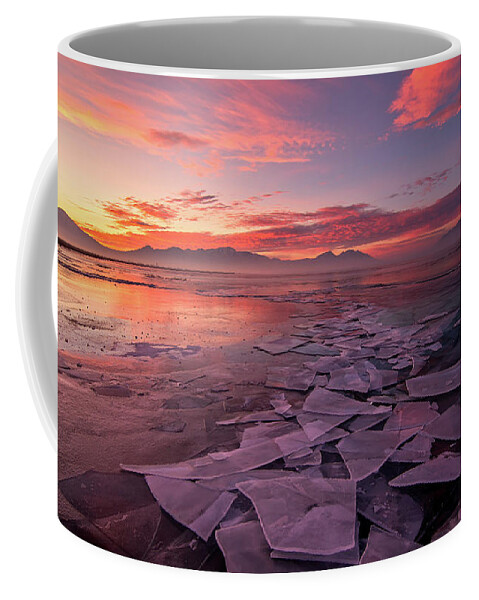 Utah Lake Coffee Mug featuring the photograph Utah Lake Ice Sunrise by Wesley Aston