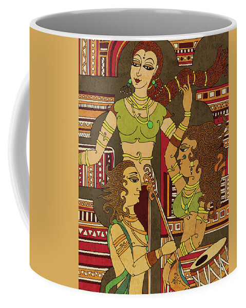 Indian Art Coffee Mug featuring the mixed media Utsav 1 - Traditional Indian art depicting Celebration and festivity - Mural Painting - Diptych by Studio Grafiikka