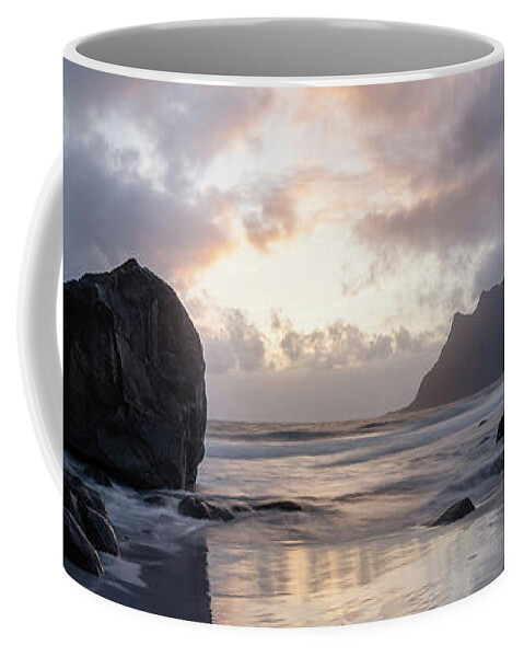 Mountains Coffee Mug featuring the photograph Uttakleiv Beach sunset Lofoten Islands by Sonny Ryse