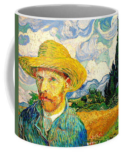 Straw Hat Coffee Mug featuring the digital art Van Gogh Self-Portrait with Straw Hat in front of Wheat Field with Cypresses by Nicko Prints