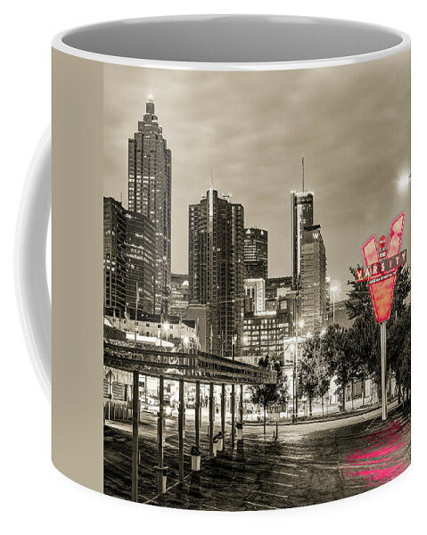 Atlanta Skyline Coffee Mug featuring the photograph Varsity Neon and Atlanta Skyline - Sepia Selective Color 1x1 by Gregory Ballos