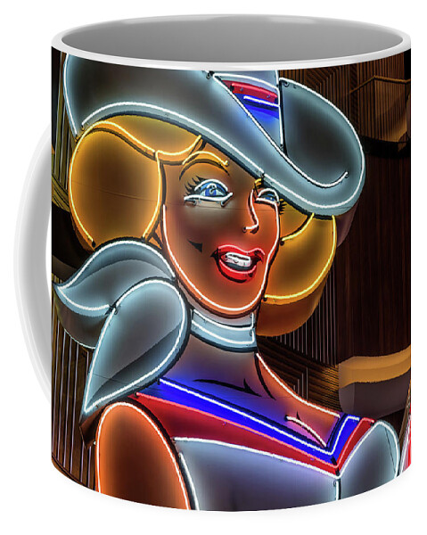 Vegas Vickie Coffee Mug featuring the photograph Vegas Vickie Profile Neon Sign Macro by Aloha Art