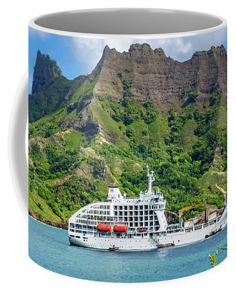 Freighter Coffee Mug featuring the photograph Vessel anchored in Puamau Bay, Hiva Oa, Marquesas Islands by Lyl Dil Creations