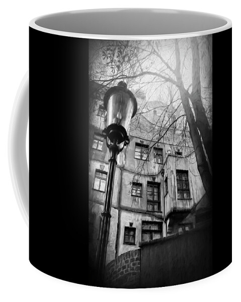 Vienna Coffee Mug featuring the photograph Vienna Austria Hundertwasser House Black and White by Carol Japp