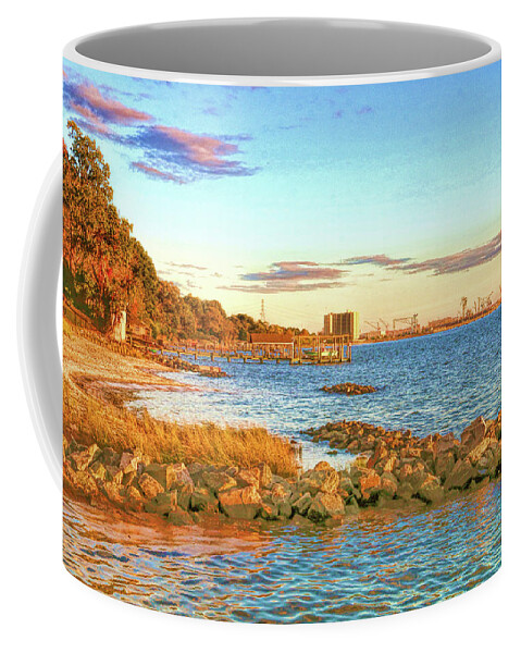 James River Coffee Mug featuring the photograph View of James River From the Hilton Pier by Ola Allen