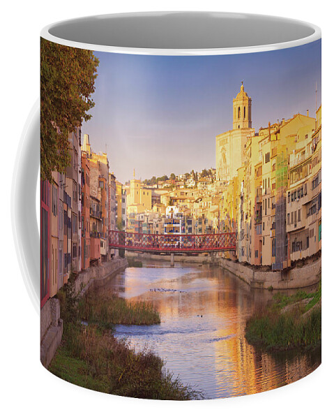 Bridge Coffee Mug featuring the photograph View of the city of Girona - Gradient color by Jordi Carrio Jamila