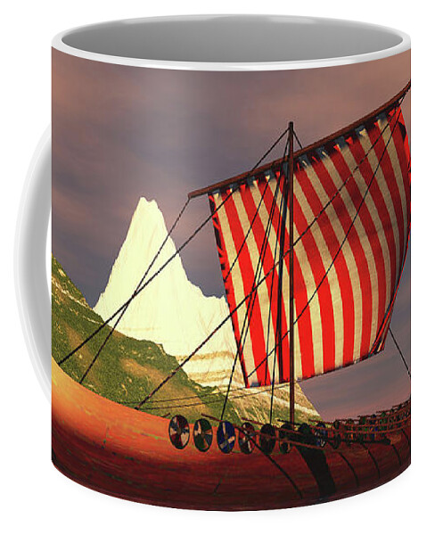 Viking Coffee Mug featuring the digital art Viking Ship in Fjord by Corey Ford