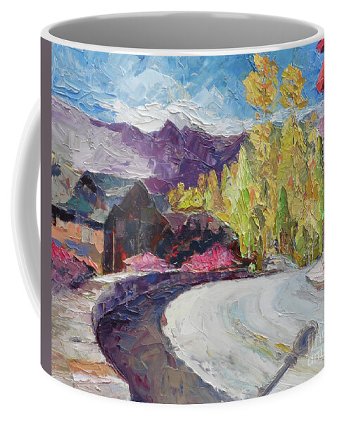 Telluride Village Coffee Mug featuring the painting Village Bridge, 2018 by PJ Kirk
