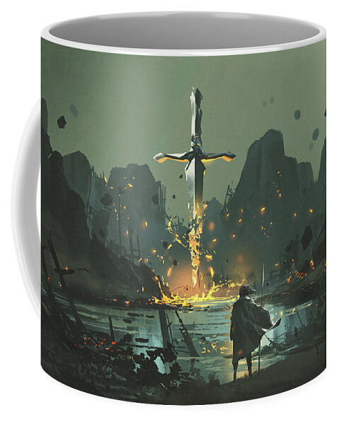 Illustration Coffee Mug featuring the painting Village Of The Broken Sword by Tithi Luadthong