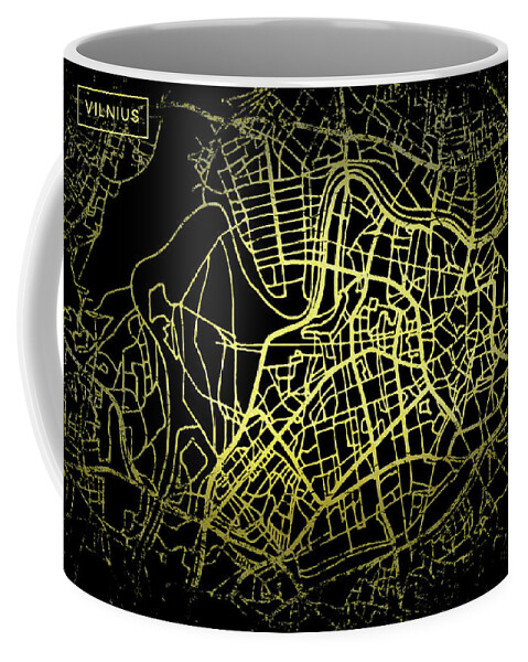 Map Coffee Mug featuring the digital art Vilnius Map in Gold and Black by Sambel Pedes