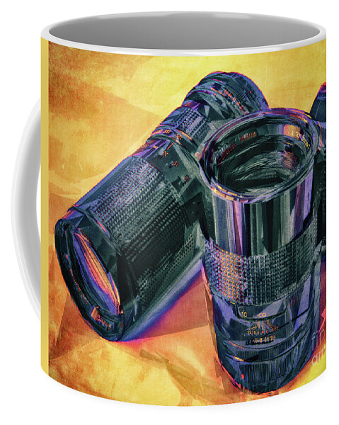 Photography Coffee Mug featuring the digital art Vintage Analog Camera Lenses by Phil Perkins