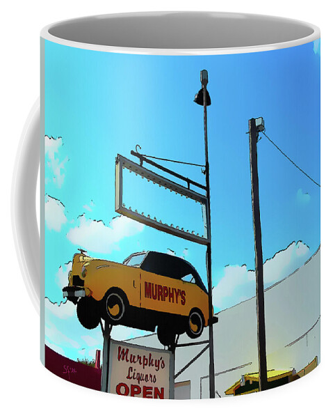 Comic Book Style Coffee Mug featuring the mixed media Vintage Car Liquor Store Sign Chickasha Oklahoma by Shelli Fitzpatrick