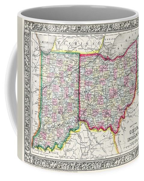 Indiana Coffee Mug featuring the photograph Vintage County Map of Ohio and Indiana 1863 by Carol Japp