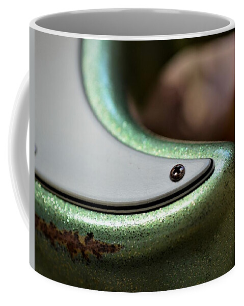 Fender Coffee Mug featuring the photograph Vintage Green Sparkle Guitar Horn by Guitarwacky Fine Art
