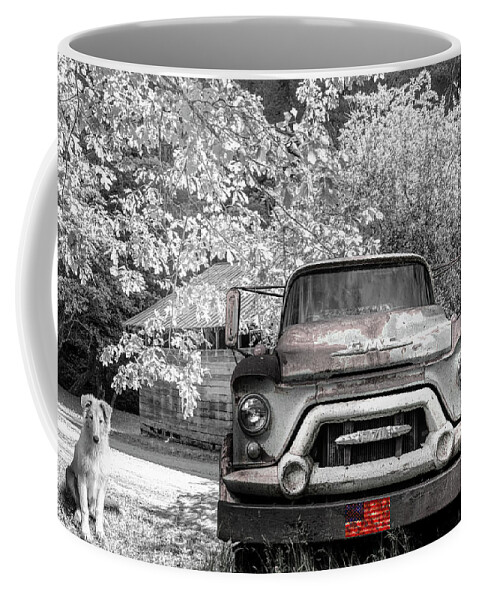 Trucks Coffee Mug featuring the photograph Vintage in Springtime Black and White and Red by Debra and Dave Vanderlaan