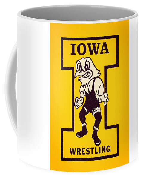 Iowa Coffee Mug featuring the mixed media Vintage Iowa Wrestling Art by Row One Brand