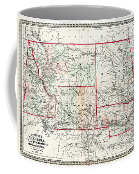 Nebraska Coffee Mug featuring the photograph Vintage Map Nebraska Dakota Idaho Montana and Wyoming 1865 by Carol Japp