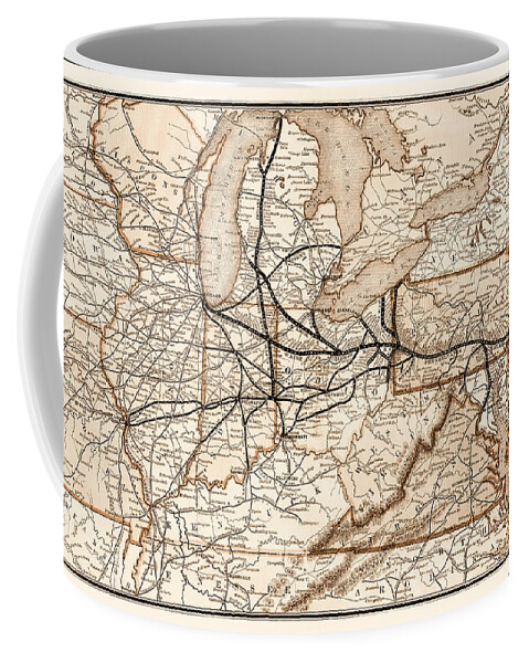 Railroad Coffee Mug featuring the photograph Vintage Railroad Map 1874 Pittsburgh and Beyond Sepia by Carol Japp