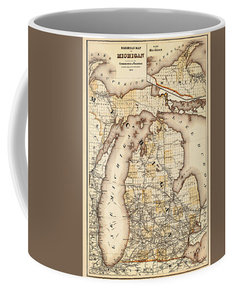 Michigan Coffee Mug featuring the photograph Vintage Railroad Map of Michigan 1876 Sepia by Carol Japp