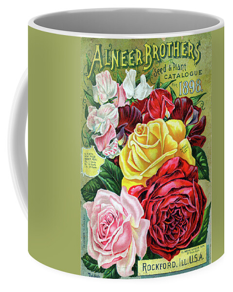Seeds Coffee Mug featuring the painting Vintage Seed and Plant Catalogue - Roses and Sweetpeas by Peggy Collins