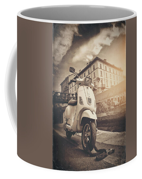 Vespa Coffee Mug featuring the photograph Vintage Vespa Navigli Milan Italy Sepia by Carol Japp