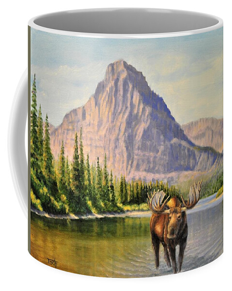 Mount Sinopah Coffee Mug featuring the painting Visitor at Pray Lake by Lee Tisch Bialczak