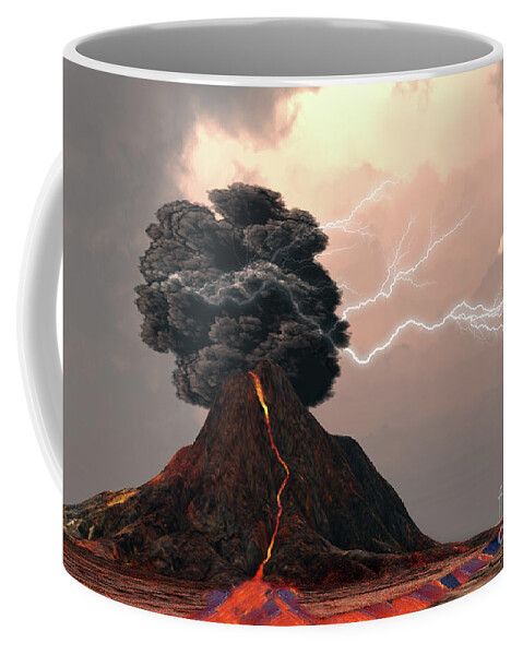 Volcanic Coffee Mug featuring the digital art Volcano and Lightning by Corey Ford
